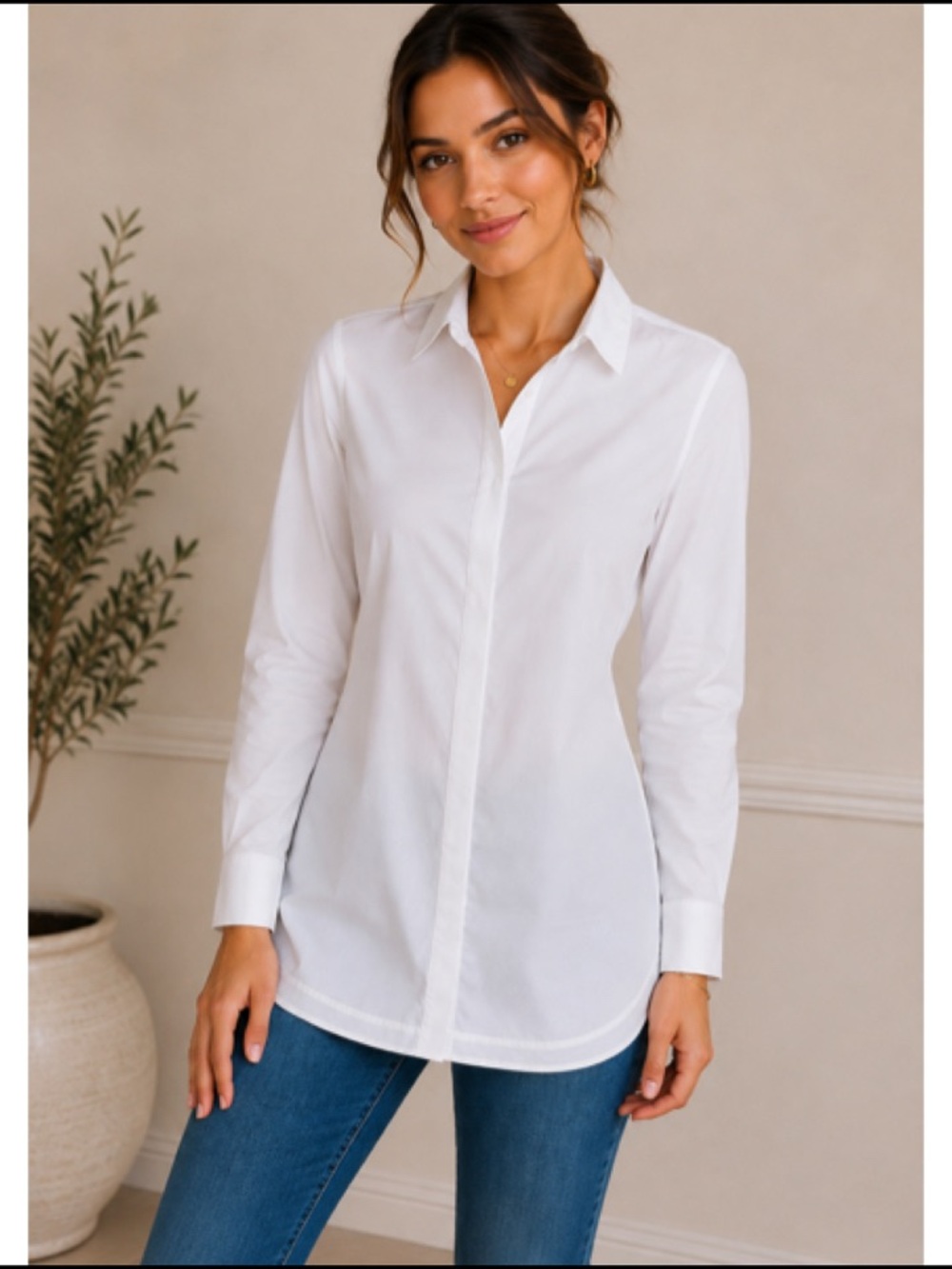 Soma Style Essentials Bright White No Iron‎ Button Front Tunic Shirt